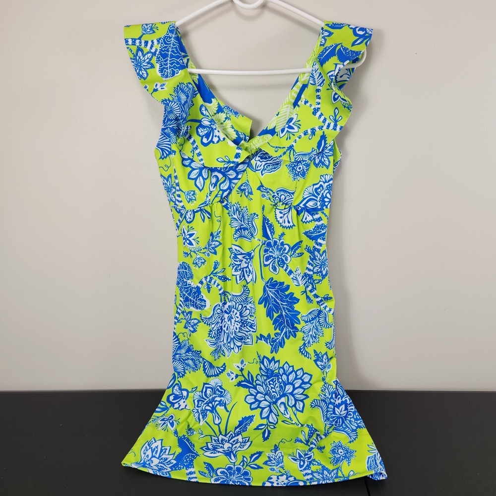 Gretchen Scott Fling Fantasy Dress Lime Green Blue Floral Size XS Ruffle V Neck - Picture 3 of 13